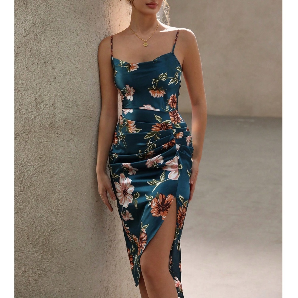 Floral Print Cowl Neckline Cami Satin Midi Dress in Dark Teal Leg Slit